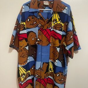 FUBU Men's Shirt with Cartoon Faces in Blue and Brown